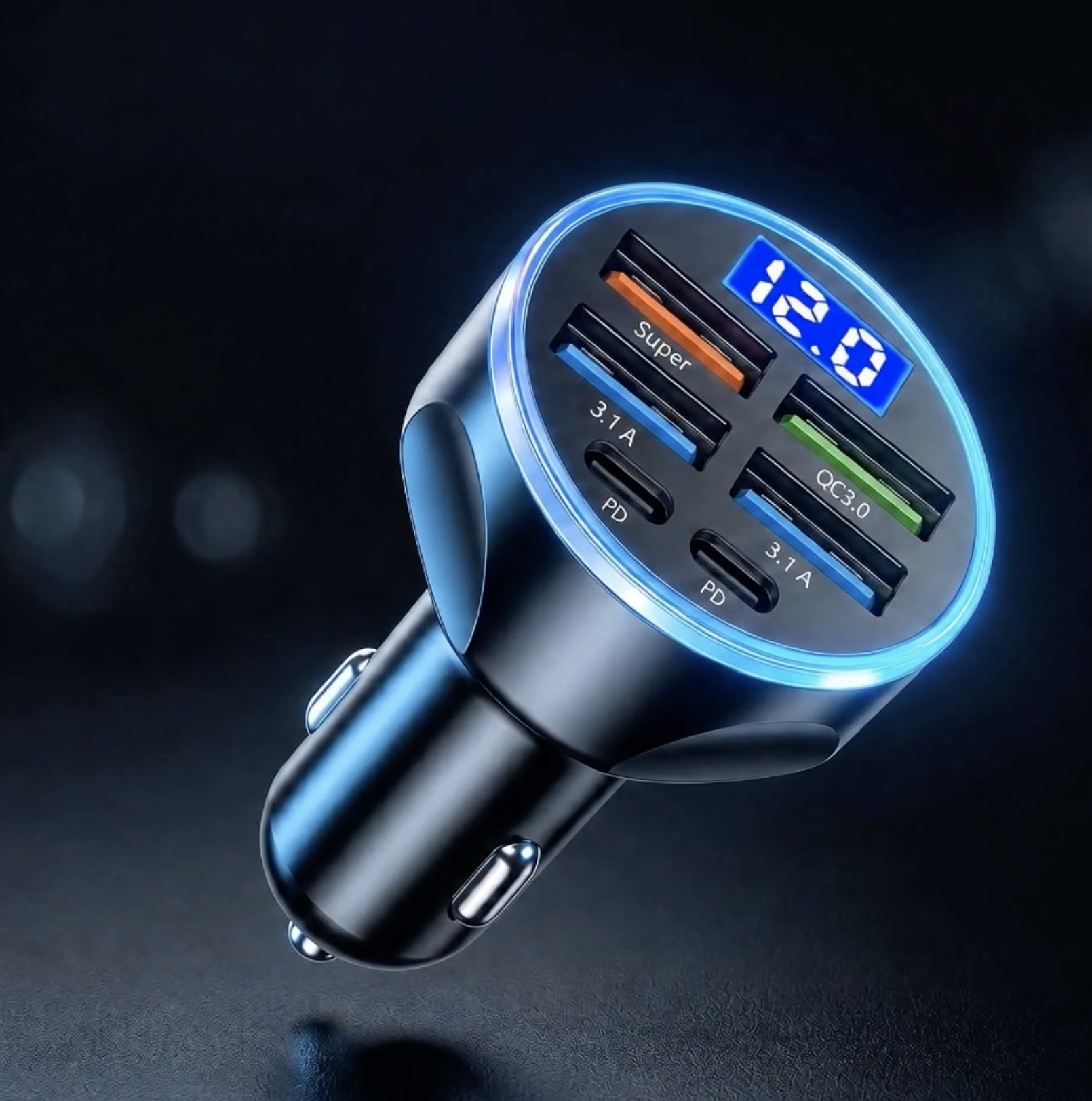 Chargeur voiture 6 ports USB et USB-C avec écran LED